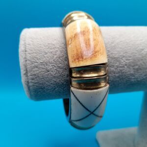 Vintage Bone Brass Bangle Wide Bracelet, 8 Inches